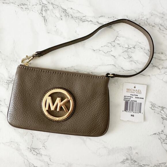 MICHAEL Michael Kors Handbags - Michael Kors Fulton Dark Dune Top Zip Leather Wristlet Goldtone Hardware